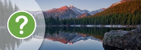 question mark icon over serene mountain lake scene banner