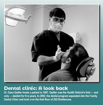 Photo of Dr. Dana Quiller treating a patient in 1997. Quiller was the Health District's first and only dentist for 5 years. In 2002, the dental program expanded into the Family Dental Clinic and took over the first floor of 202 Bristlecone.